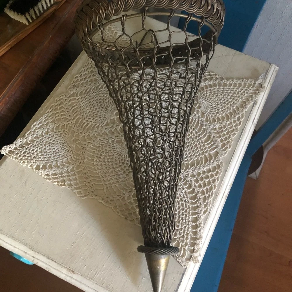 Antique French Brass Woven Chainmail-Style Wall Pocket Hanging Vase